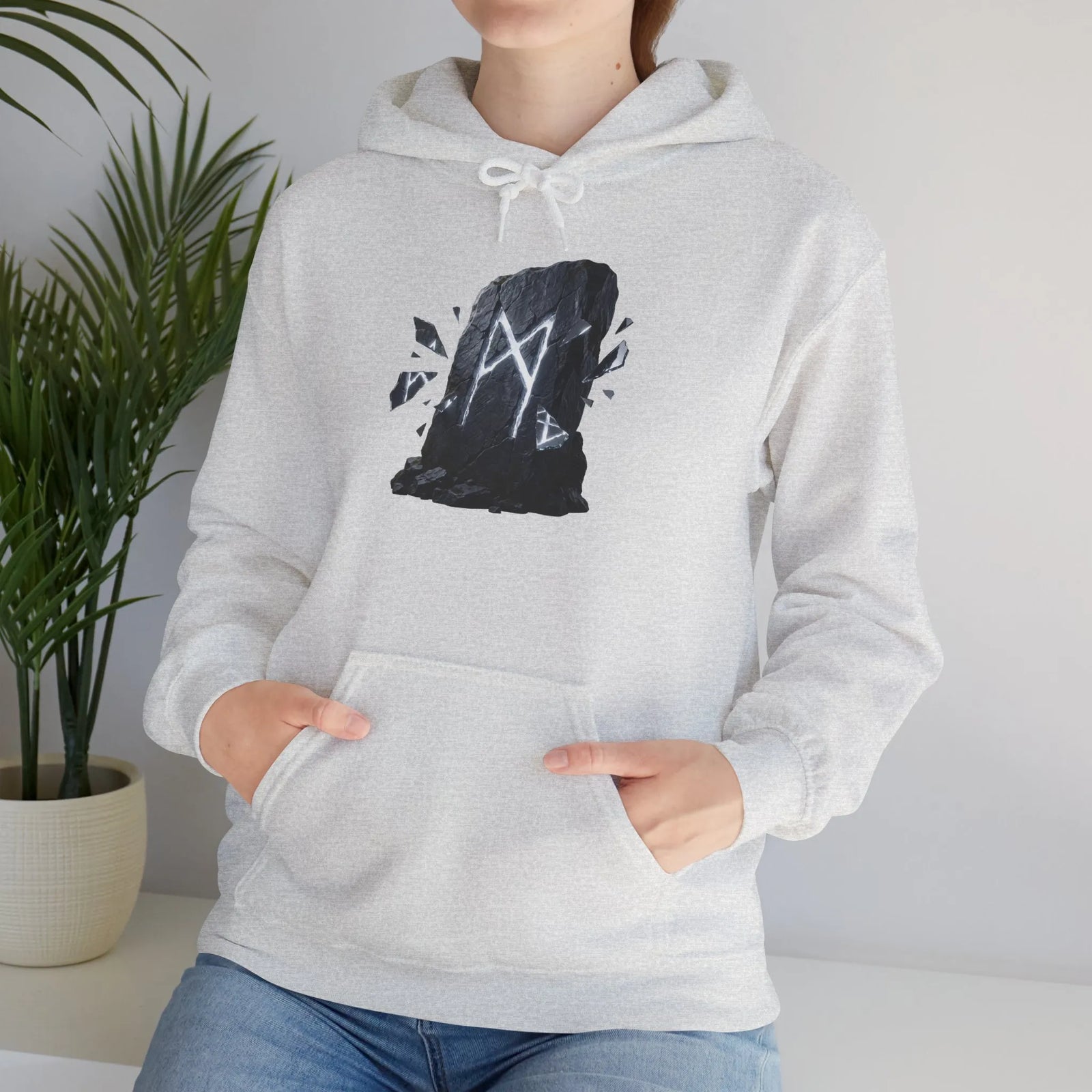 Mannaz Rune Humanity Reflection Hoodie - Heavyweight Fleece Pullover - Unisex White