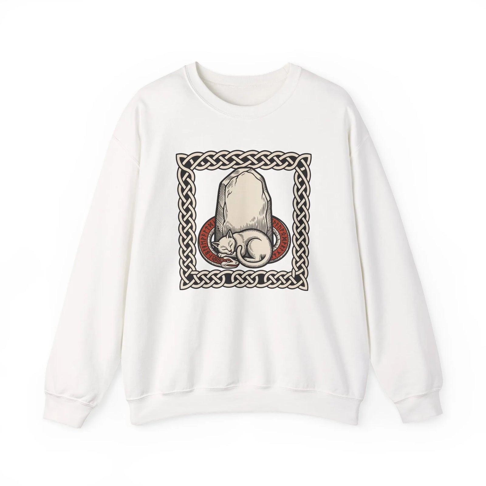 Runestone Cat Norse Woodcut Sweatshirt - Heavyweight Cotton Blend Crewneck - Unisex White