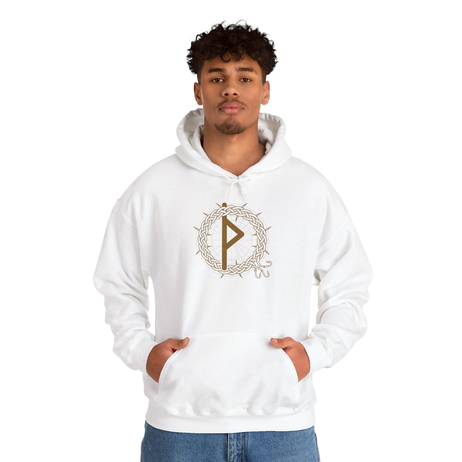 Thurisaz Rune Thorn Defense Hoodie - Heavy Blend Fleece Pullover - Unisex White