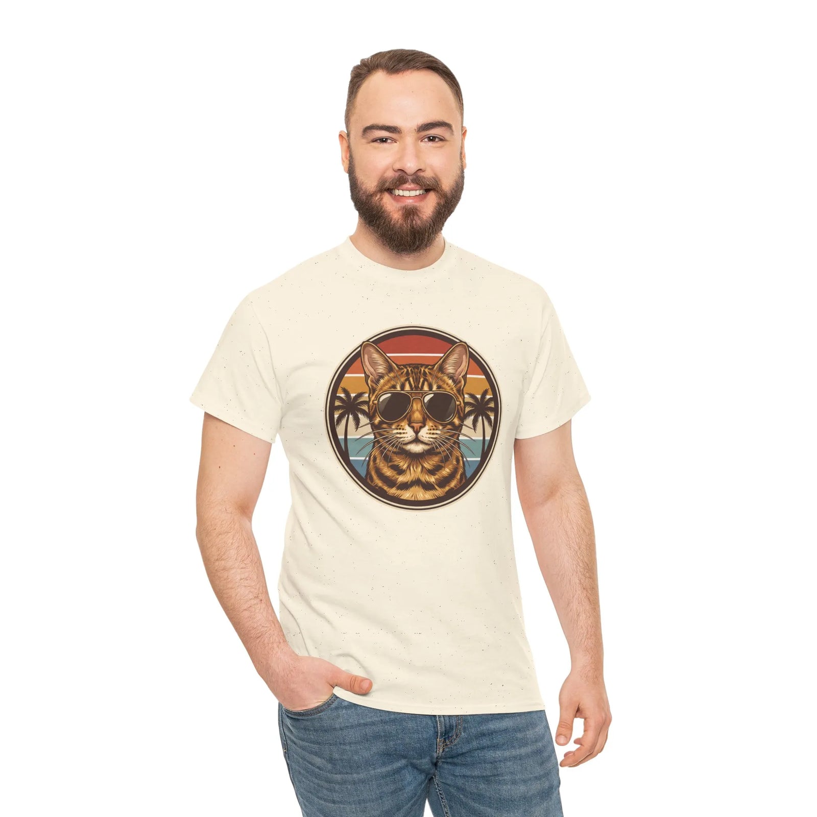 Bengal Cat Aviator Sunset T-Shirt - Heavy Cotton Classic Fit Tee - Unisex White
