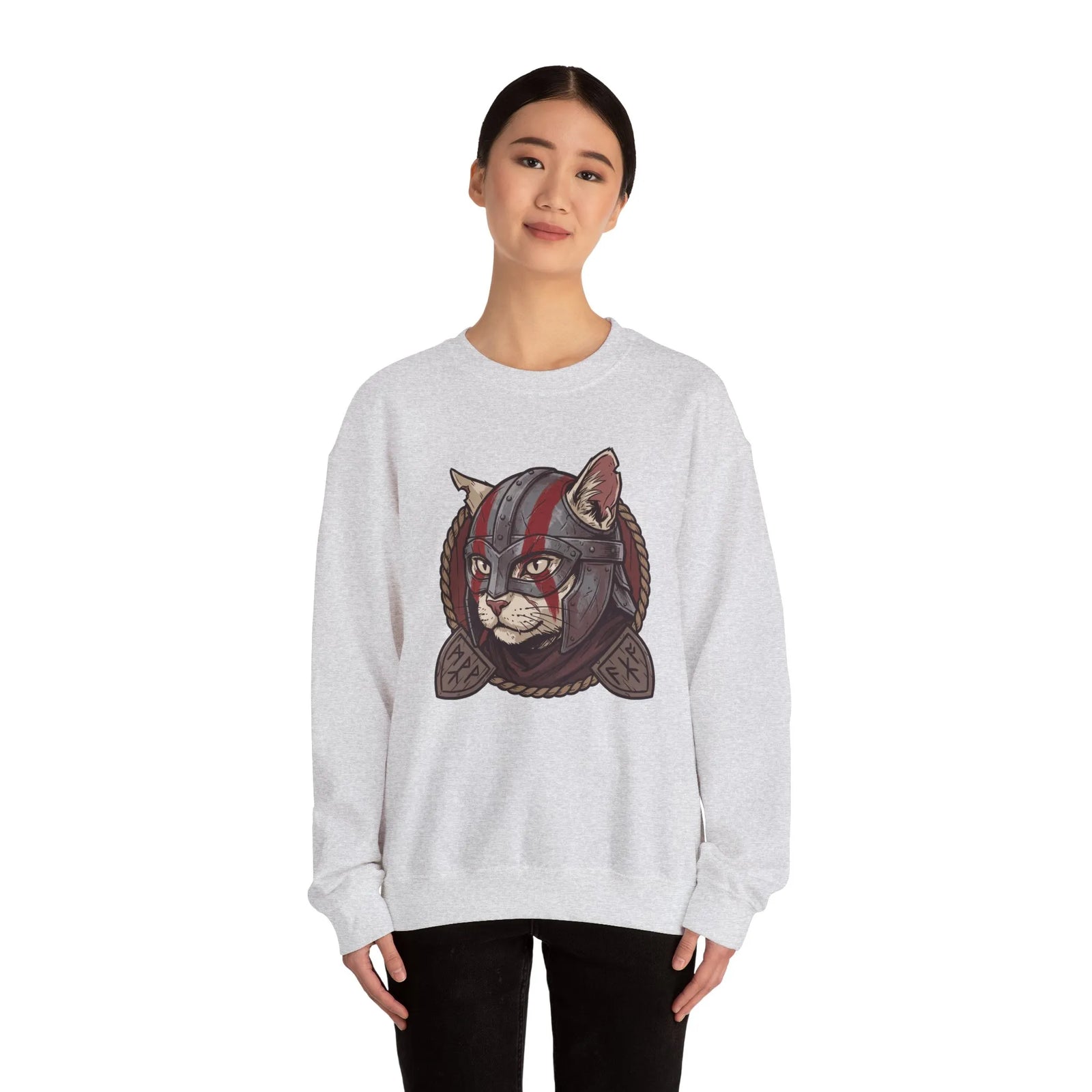 Viking Berserker Cat Graphic Sweatshirt - Heavy Blend Fleece Crewneck - Unisex White