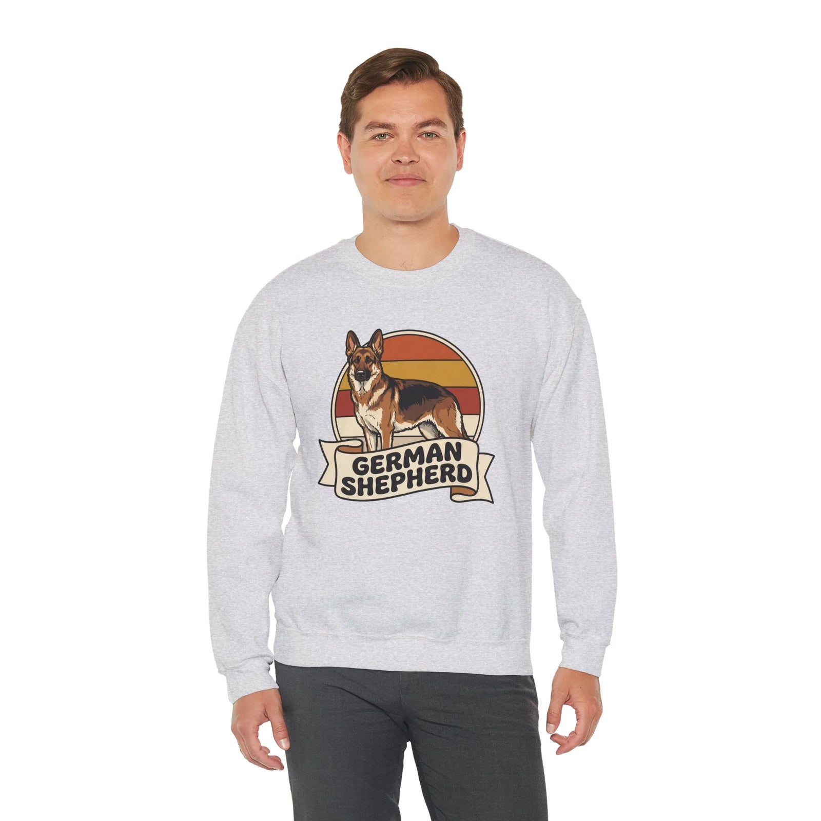 German Shepherd Retro 70s Sunset Sweatshirt - Heavy Blend Cotton Blend Crewneck - Unisex White