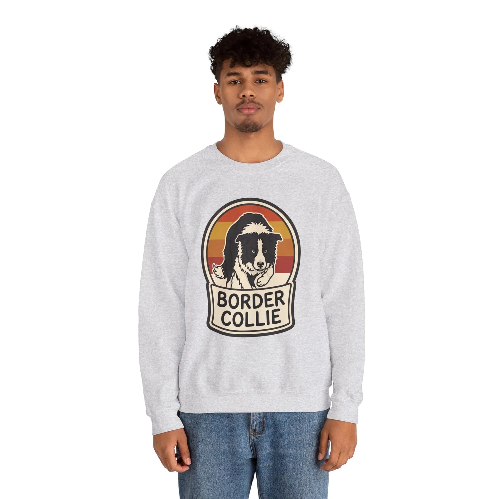 Border Collie Retro Sunset Sweatshirt - Heavy Blend Cotton Blend Crewneck - Unisex White