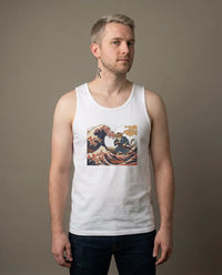 Ronin Wave Ukiyo-e Samurai Cat Tank Top - Lightweight Combed Cotton Jersey - Unisex White