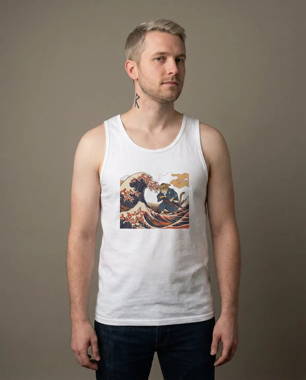 Ronin Wave Ukiyo-e Samurai Cat Tank Top - Lightweight Combed Cotton Jersey - Unisex White