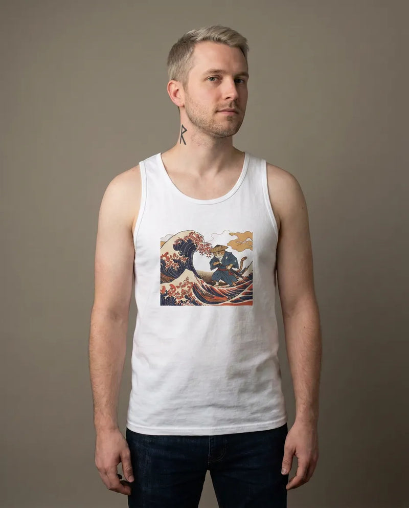 Ronin Wave Ukiyo-e Samurai Cat Tank Top - Lightweight Combed Cotton Jersey - Unisex White