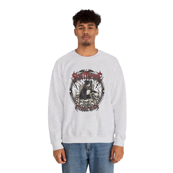 Skull Throne Heavy Metal Rocker Dogs Sweatshirt - Heavy Blend Cotton Poly Crewneck - Unisex White