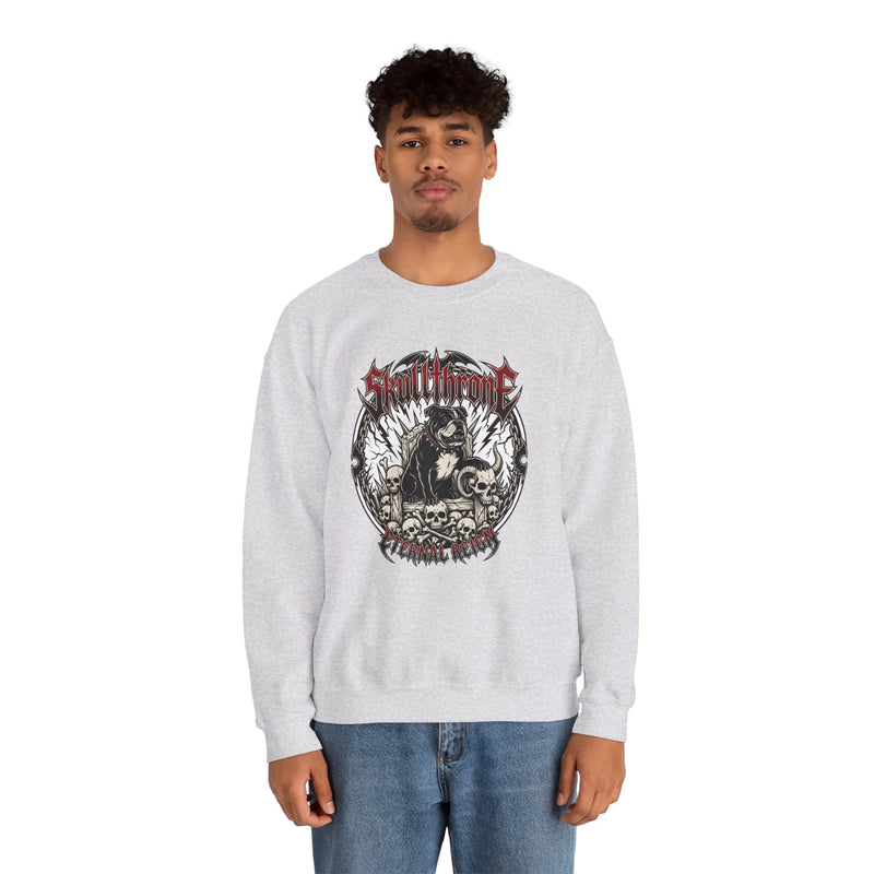 Skull Throne Heavy Metal Rocker Dogs Sweatshirt - Heavy Blend Cotton Poly Crewneck - Unisex White