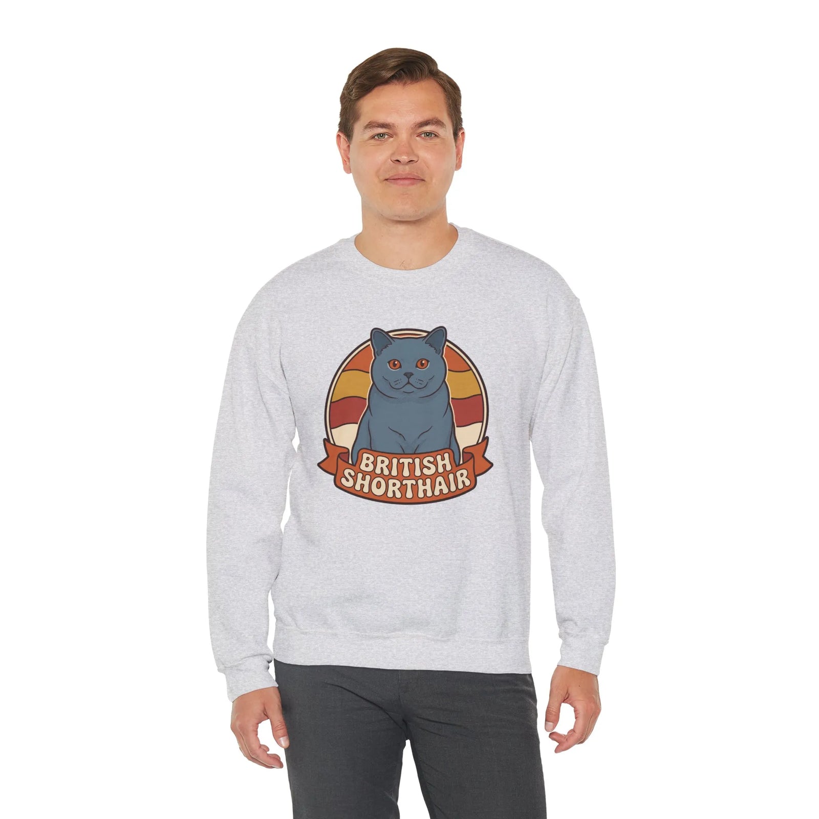 British Shorthair Retro Sunset Cat Sweatshirt - Heavy Blend Fleece Crewneck - Unisex White