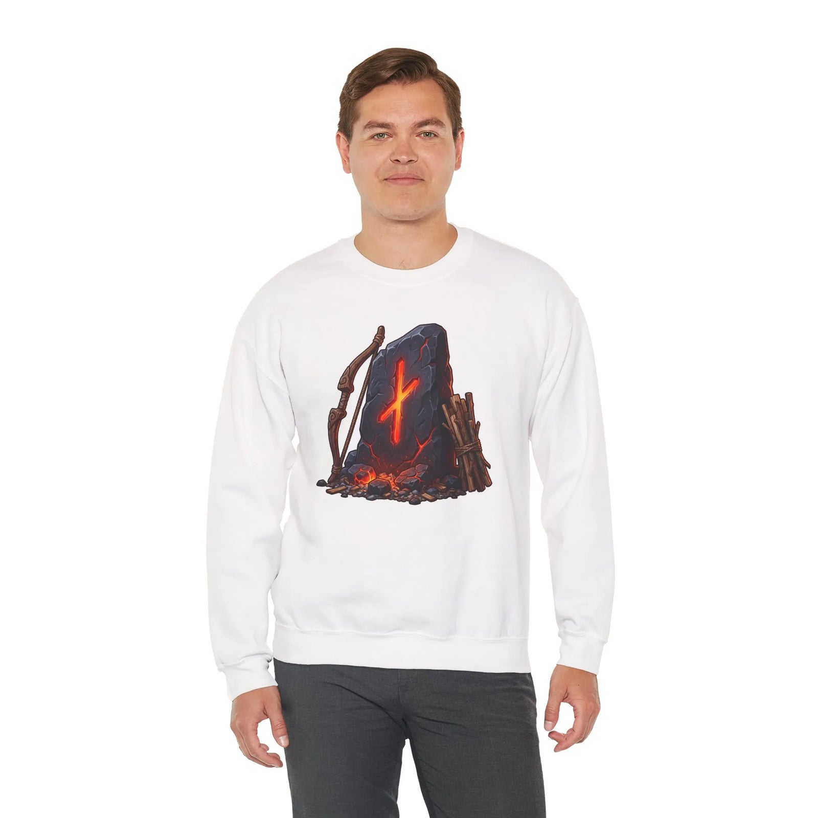 Nauthiz Rune Need-Fire Graphic Sweatshirt - Heavy Blend Crewneck Fleece - Unisex White