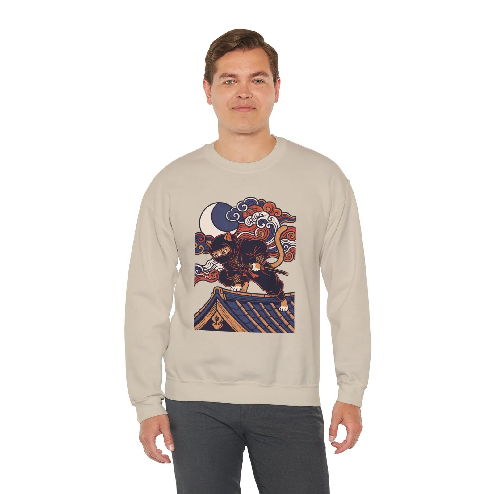 Ninja Cat Ukiyo-e Samurai Sweatshirt - Soft Heavyweight Fleece Crewneck - Unisex White