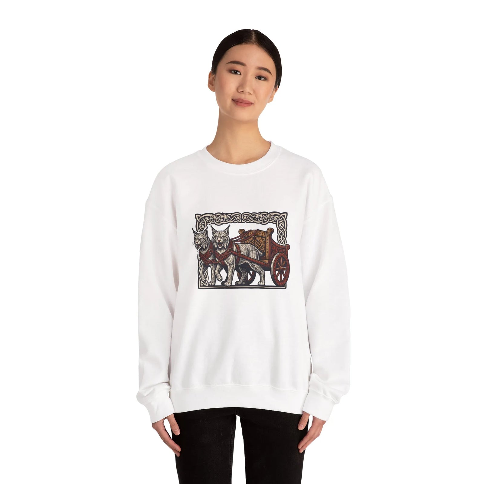 Freyja's Sacred Cats Norse Woodcut Sweatshirt - Heavy Blend Crewneck Fleece - Unisex White