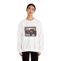 Freyja's Sacred Cats Norse Woodcut Sweatshirt - Heavy Blend Crewneck Fleece - Unisex White