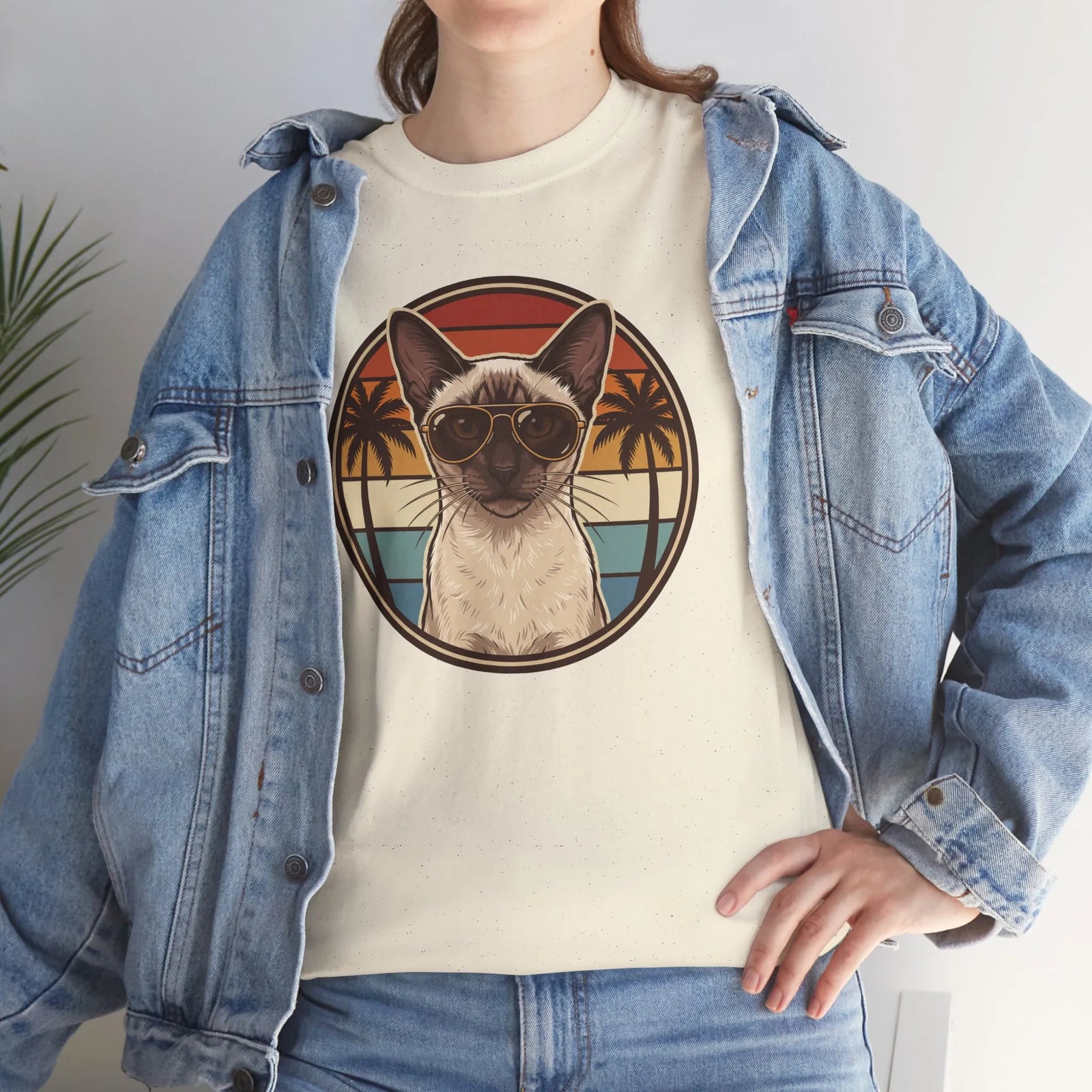 70s Sunset Siamese Cat Aviator T-Shirt - Heavyweight Cotton Classic Fit Tee - Unisex White