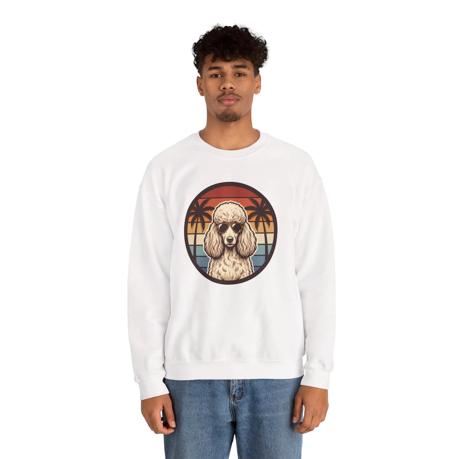 70s Sunset Poodle Aviators Graphic Sweatshirt - Heavy Blend Cotton-Poly Crewneck - Unisex White