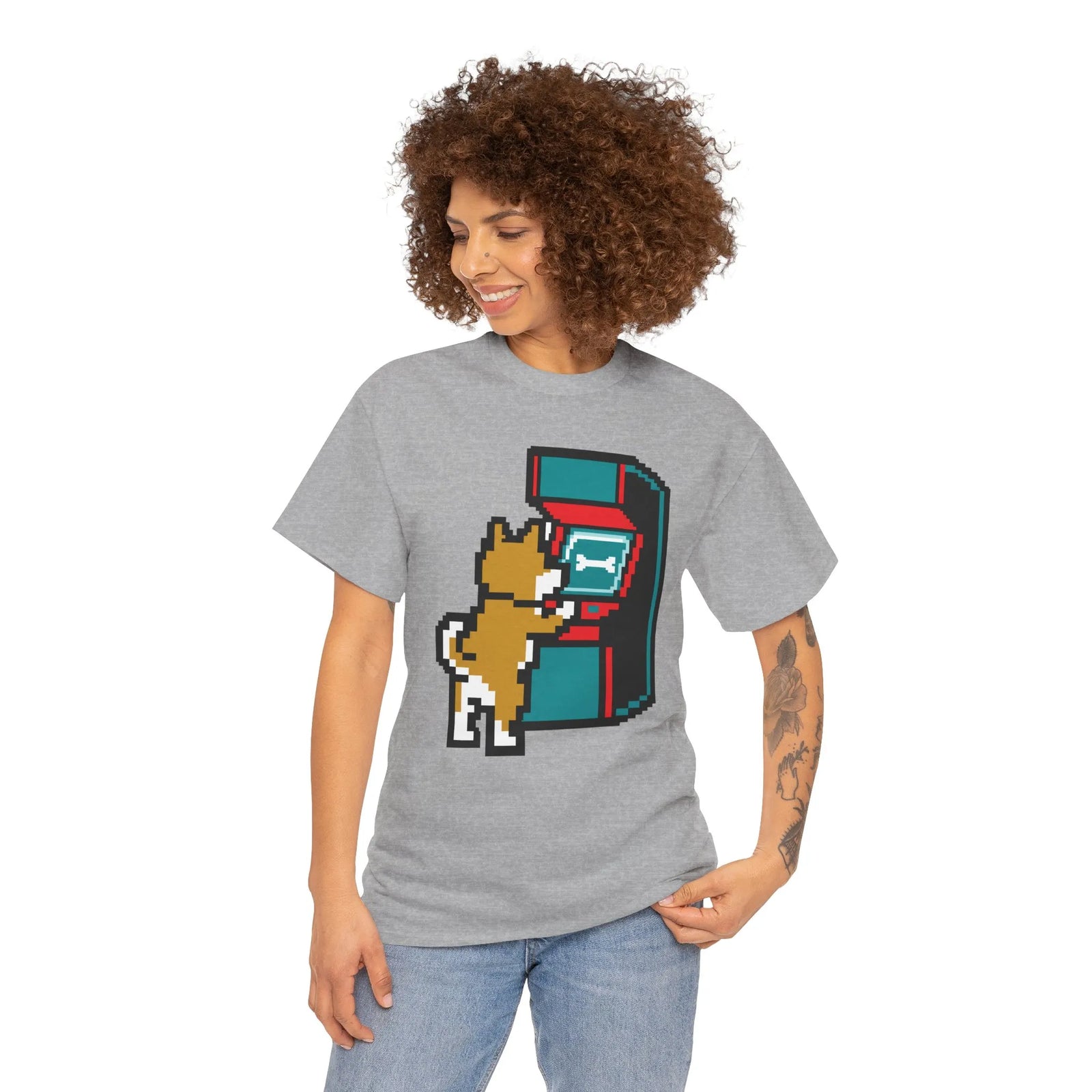 8-Bit Pixel Gaming Dog T-Shirt - Heavyweight Cotton Classic Fit Tee - Unisex White