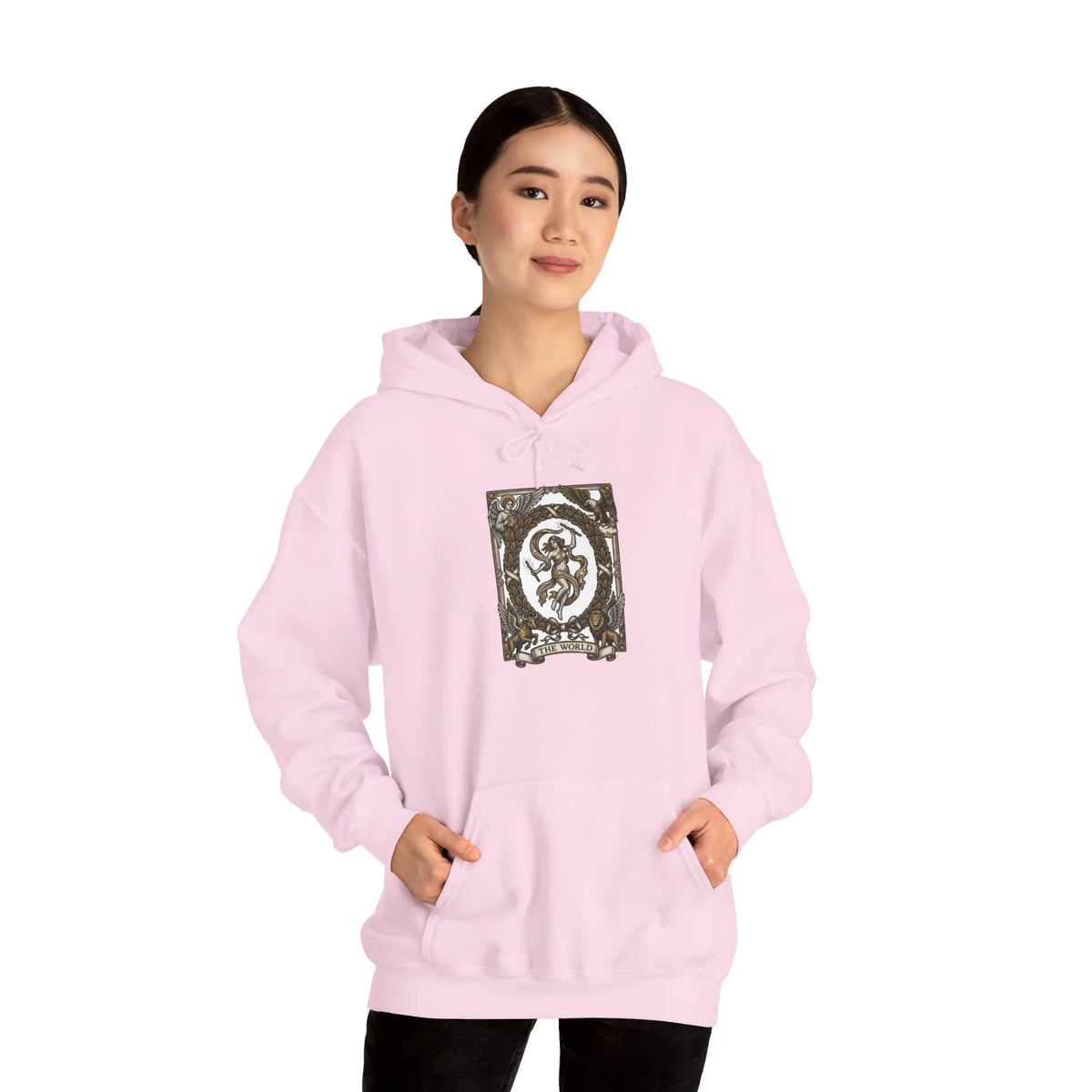 The World Tarot Card Graphic Hoodie - Heavyweight Cotton Blend Pullover - Unisex White