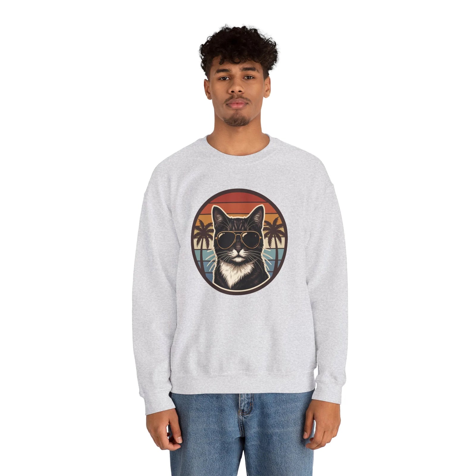 Tuxedo Cats 70s Sunset Sweatshirt - Heavy Blend Fleece Crewneck - Unisex White