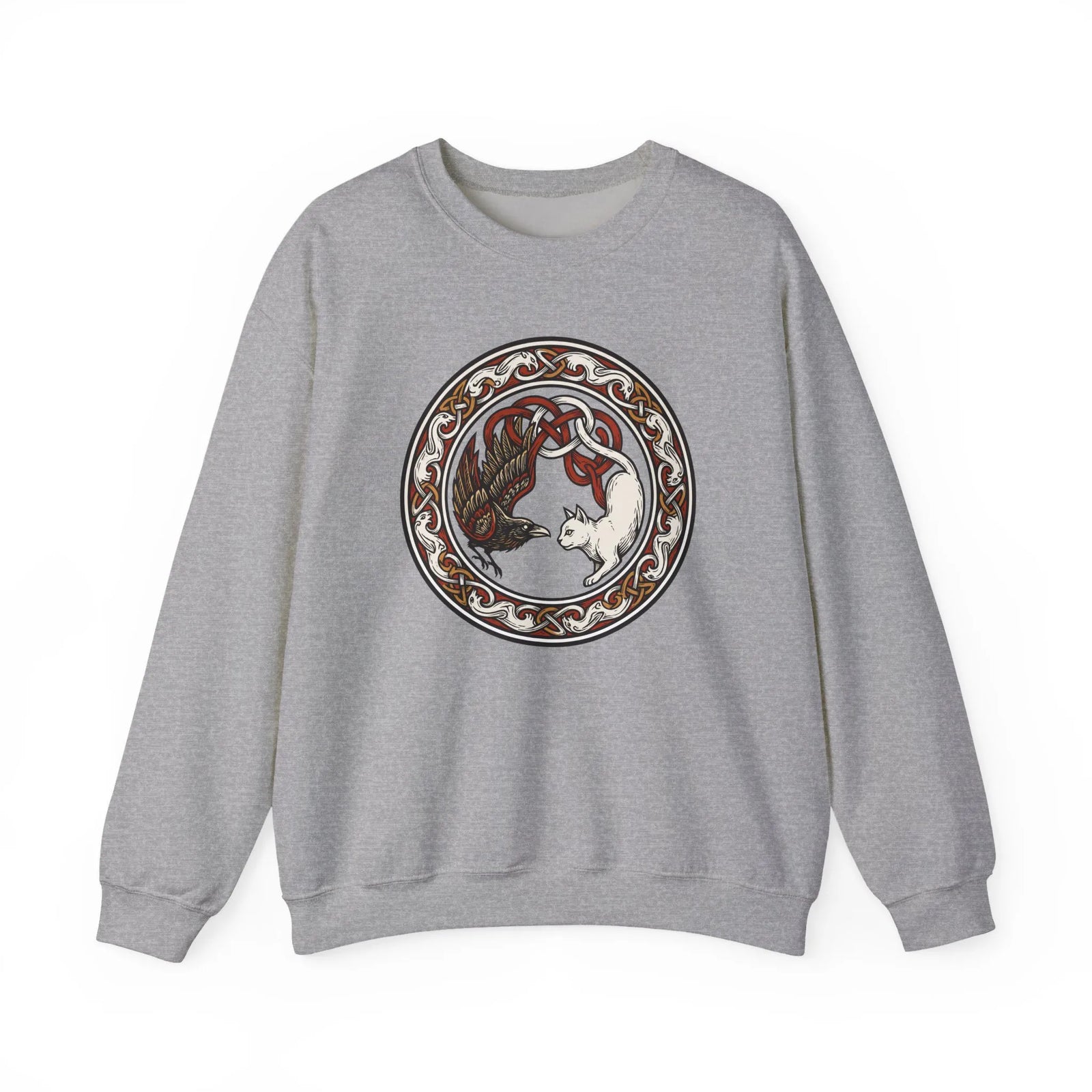 Norse Woodcut Cat & Raven Sweatshirt - Classic Fit Heavy Blend Crewneck - Unisex White