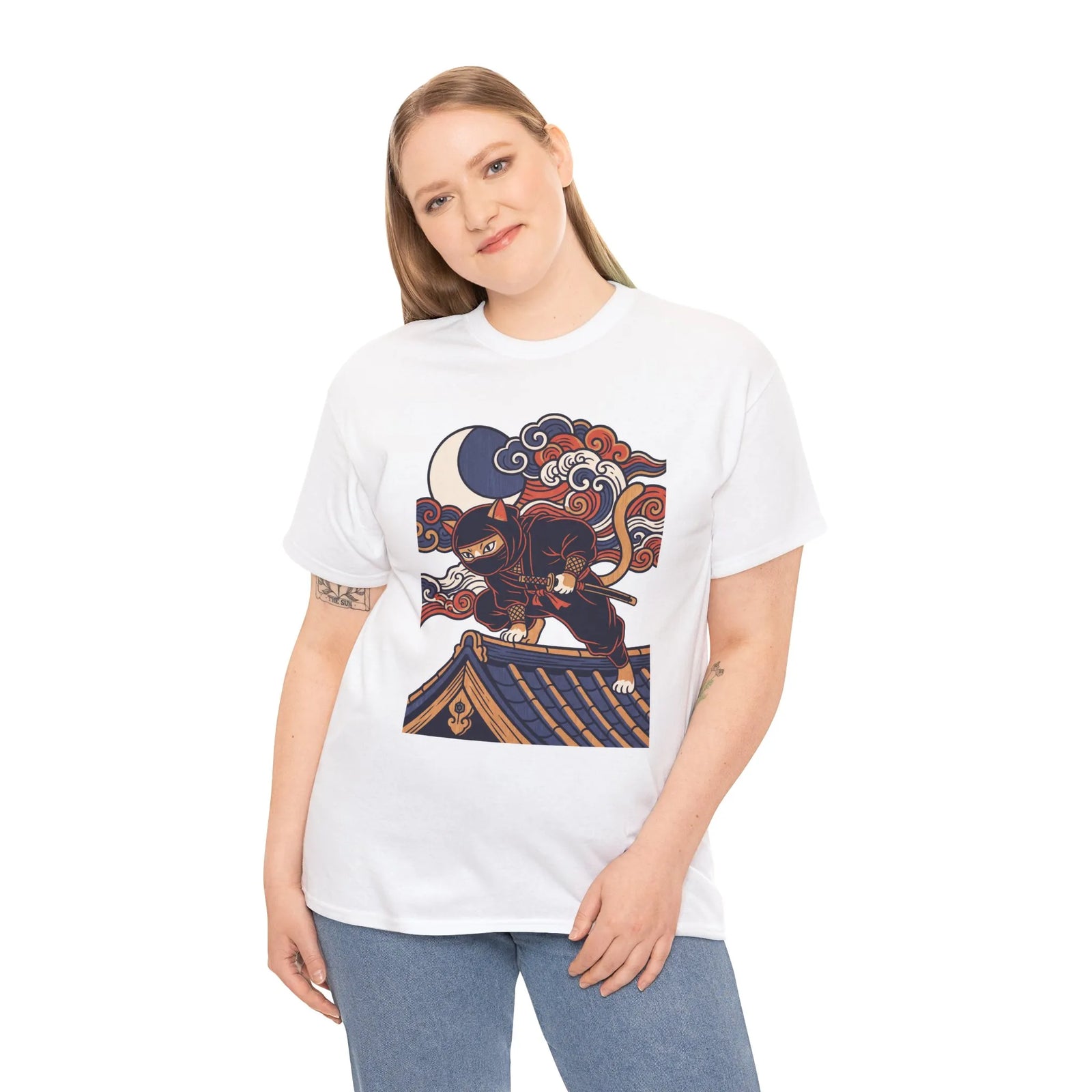 Ukiyo-e Samurai Cat Ninja T-Shirt - 100% Cotton Classic Fit Tee - Unisex White