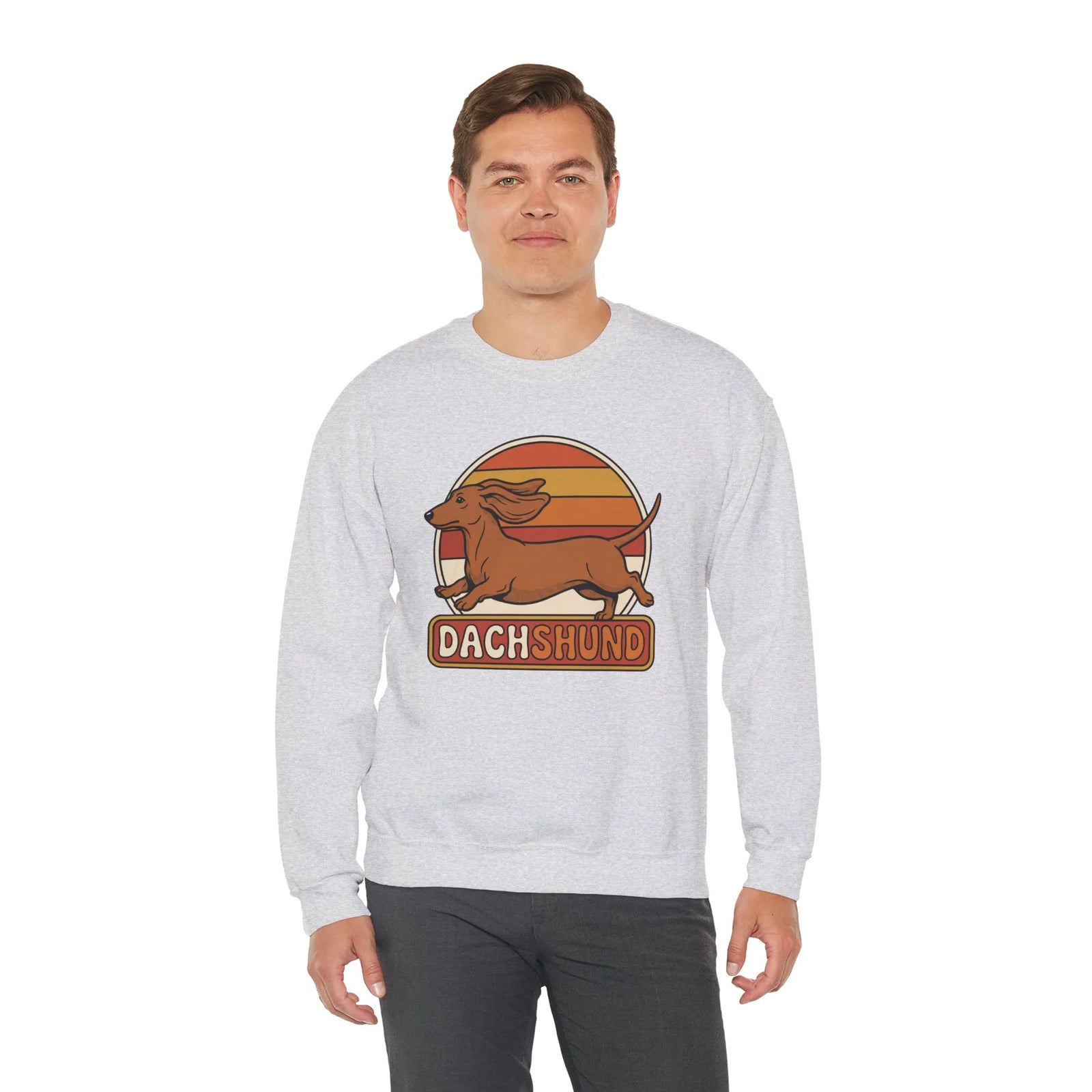 Retro 70s Sunset Dachshund Sweatshirt - Heavy Blend Cotton Blend Crewneck - Unisex White