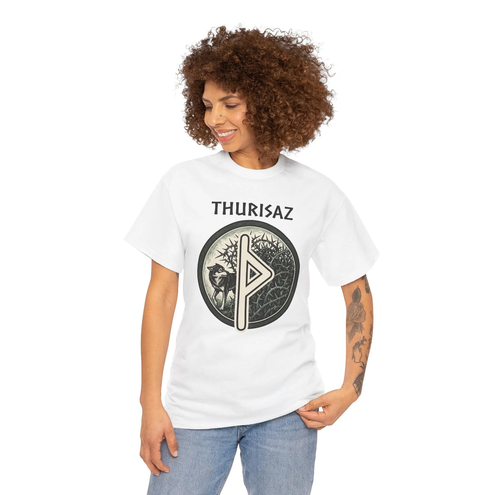 Thurisaz Rune Wolf Thorn T-Shirt - Medium Weight 100% Cotton Tee - Unisex White