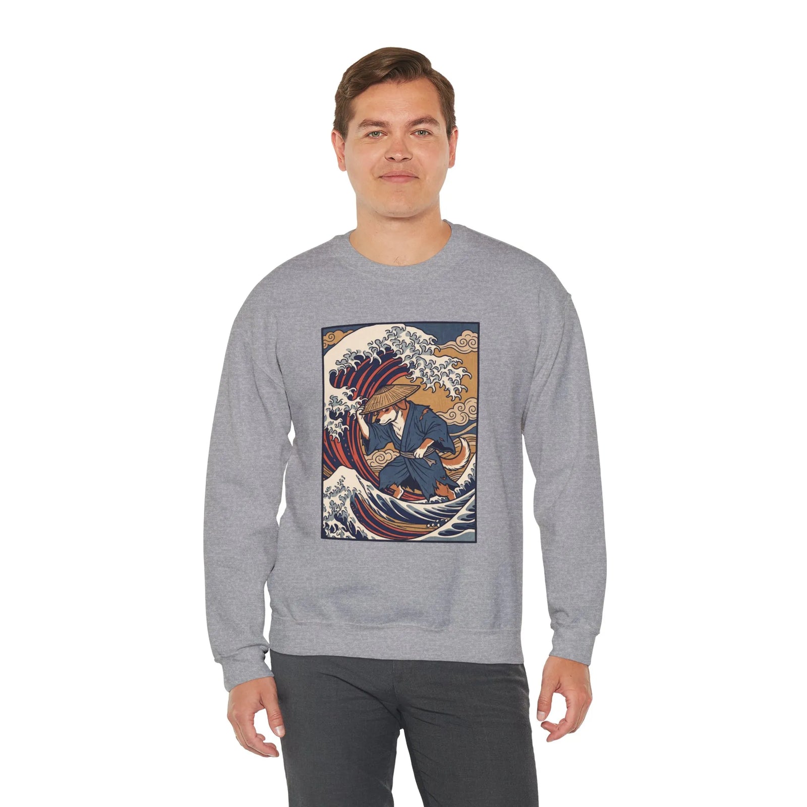 Ronin Wave Ukiyo-e Samurai Dog Sweatshirt - Heavyweight Cotton Blend Crewneck - Unisex White