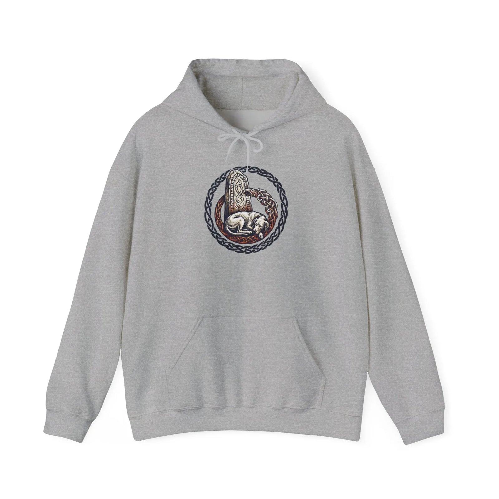 Norse Woodcut Runestone Hound Hoodie - Heavyweight Cotton Blend Pullover - Unisex White