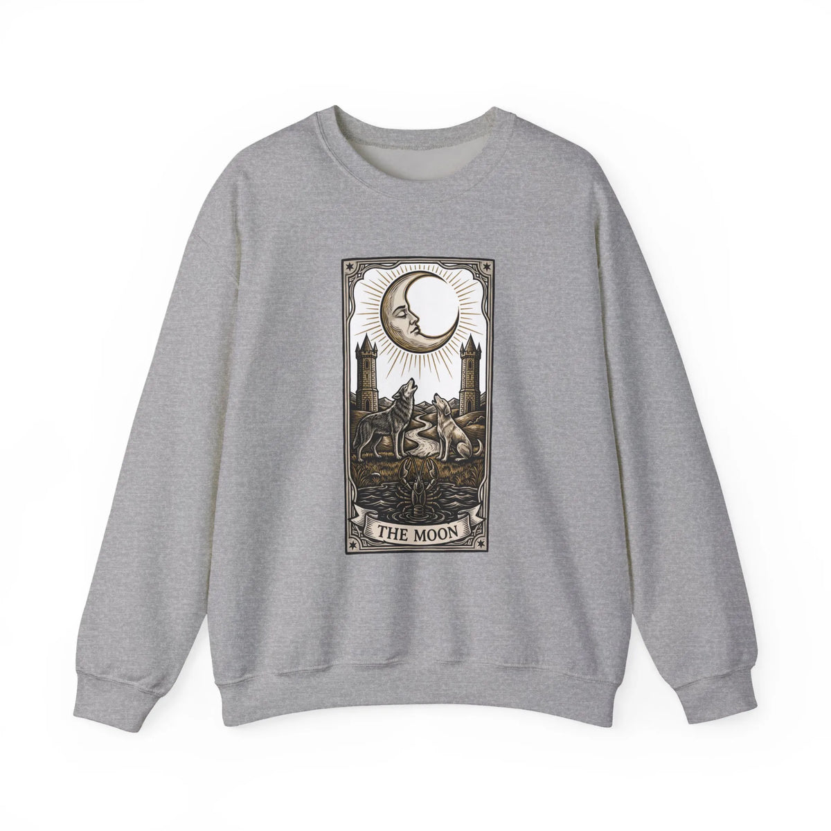 Moon Tarot Card Wolves Graphic Sweatshirt - Heavy Blend Fleece Crewneck - Unisex White