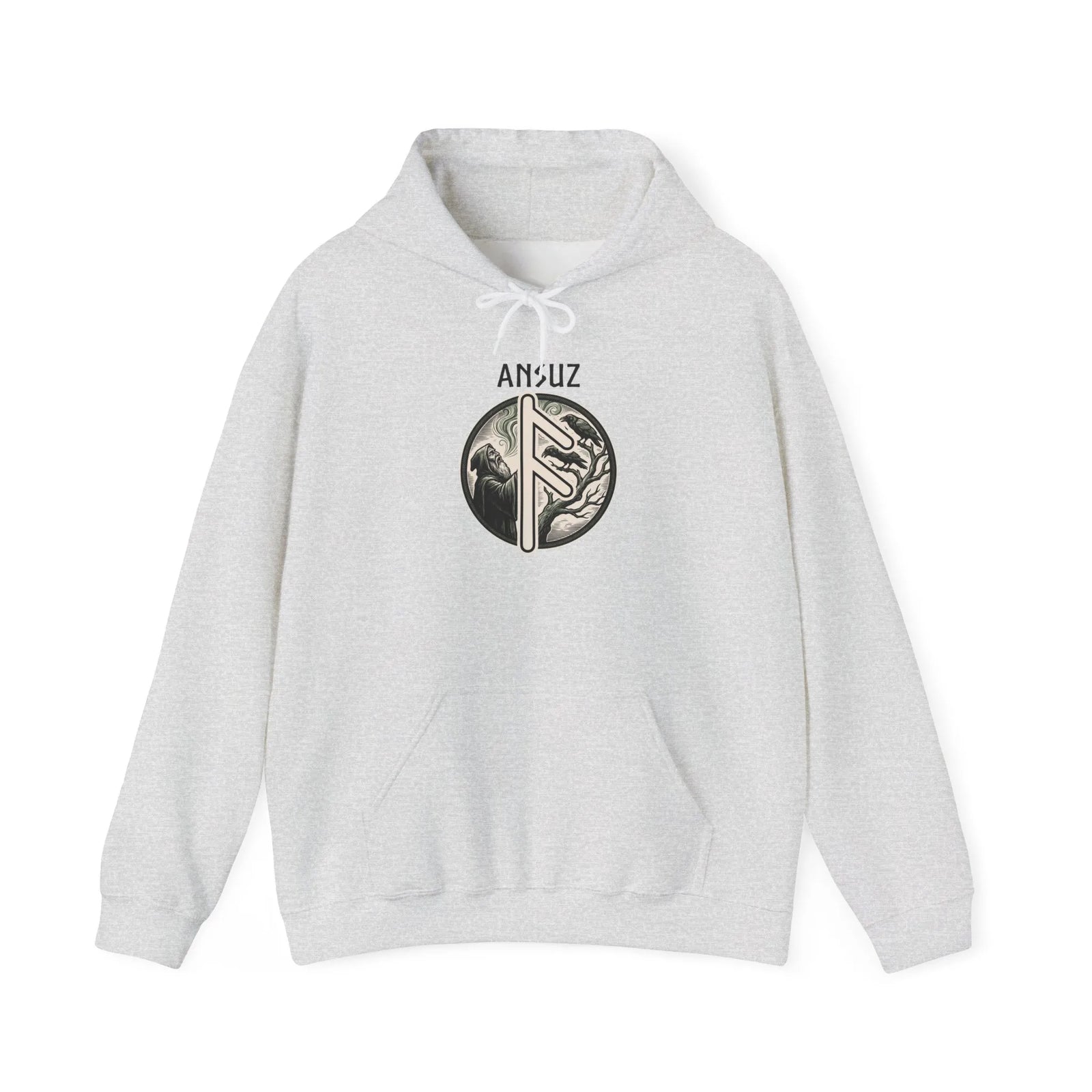 Ansuz Rune Norse Wisdom Graphic Hoodie - Heavy Blend Cotton-Poly Pullover - Unisex White