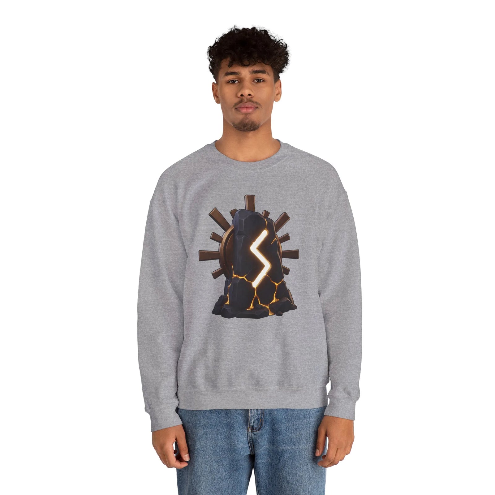 Sowulo Rune Sun Graphic Sweatshirt - Classic Fit Fleece Crewneck - Unisex White