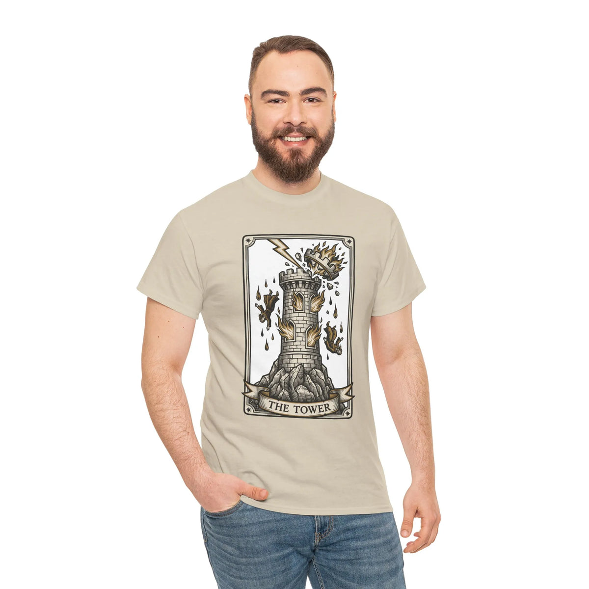 The Tower Tarot Card Graphic T-Shirt - Heavy Cotton Classic Fit Tee - Unisex White