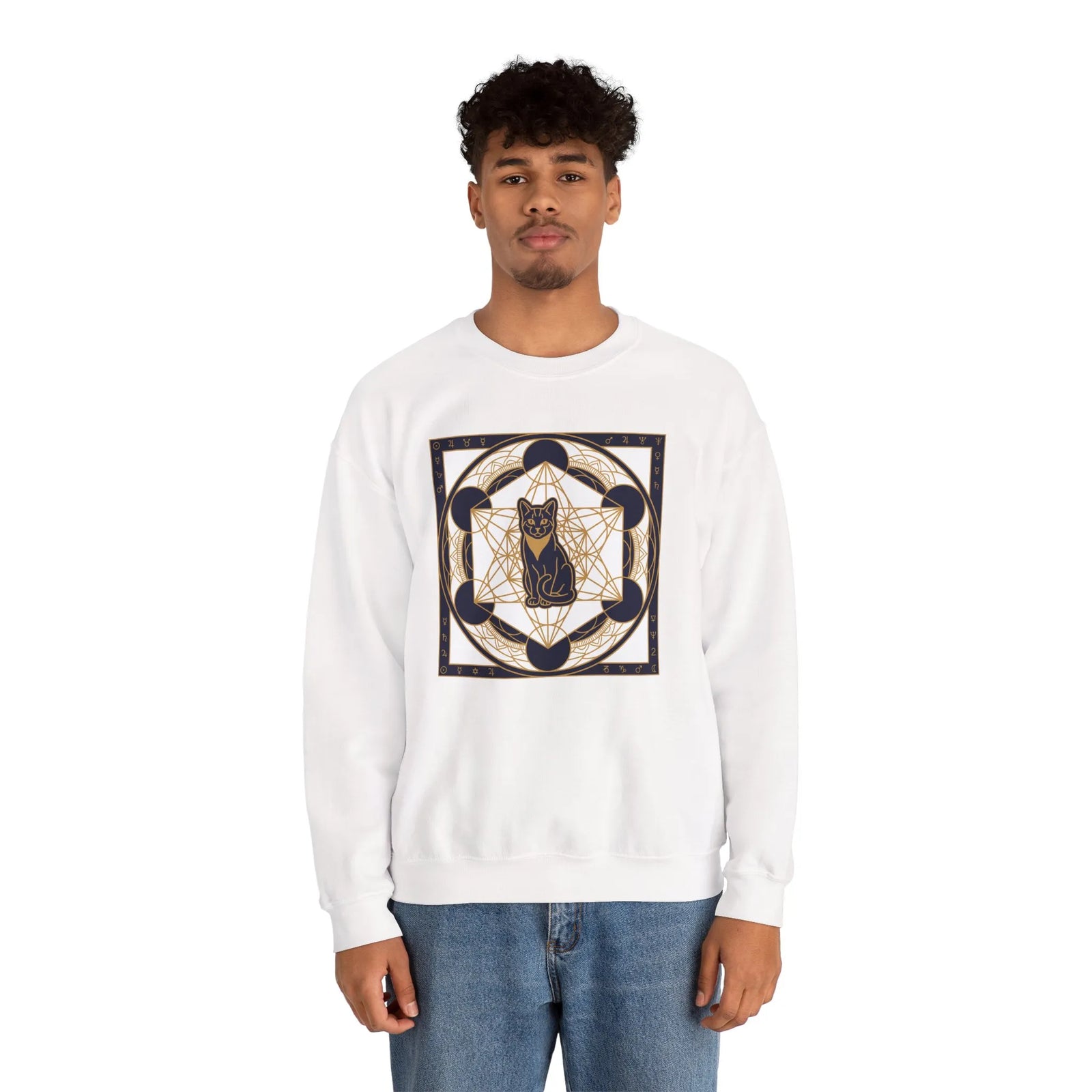 Metatron's Cat Sacred Geometry Sweatshirt - Heavy Blend Fleece Crewneck - Unisex White