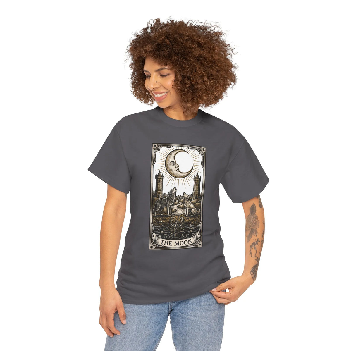 Moonlight Wolves Tarot Graphic T-Shirt - Heavy Cotton Classic Fit Crewneck - Unisex White
