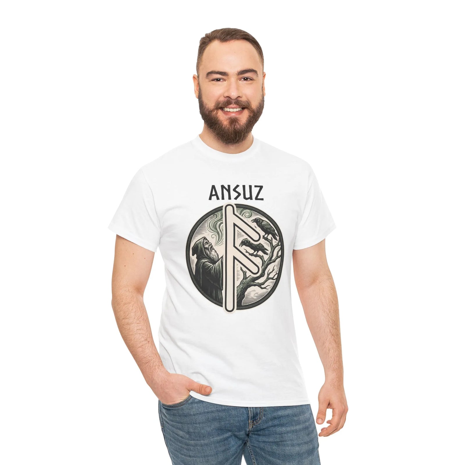 Ansuz Rune Divine Speech Graphic T-Shirt - Heavy Cotton Classic Fit Tee - Unisex White