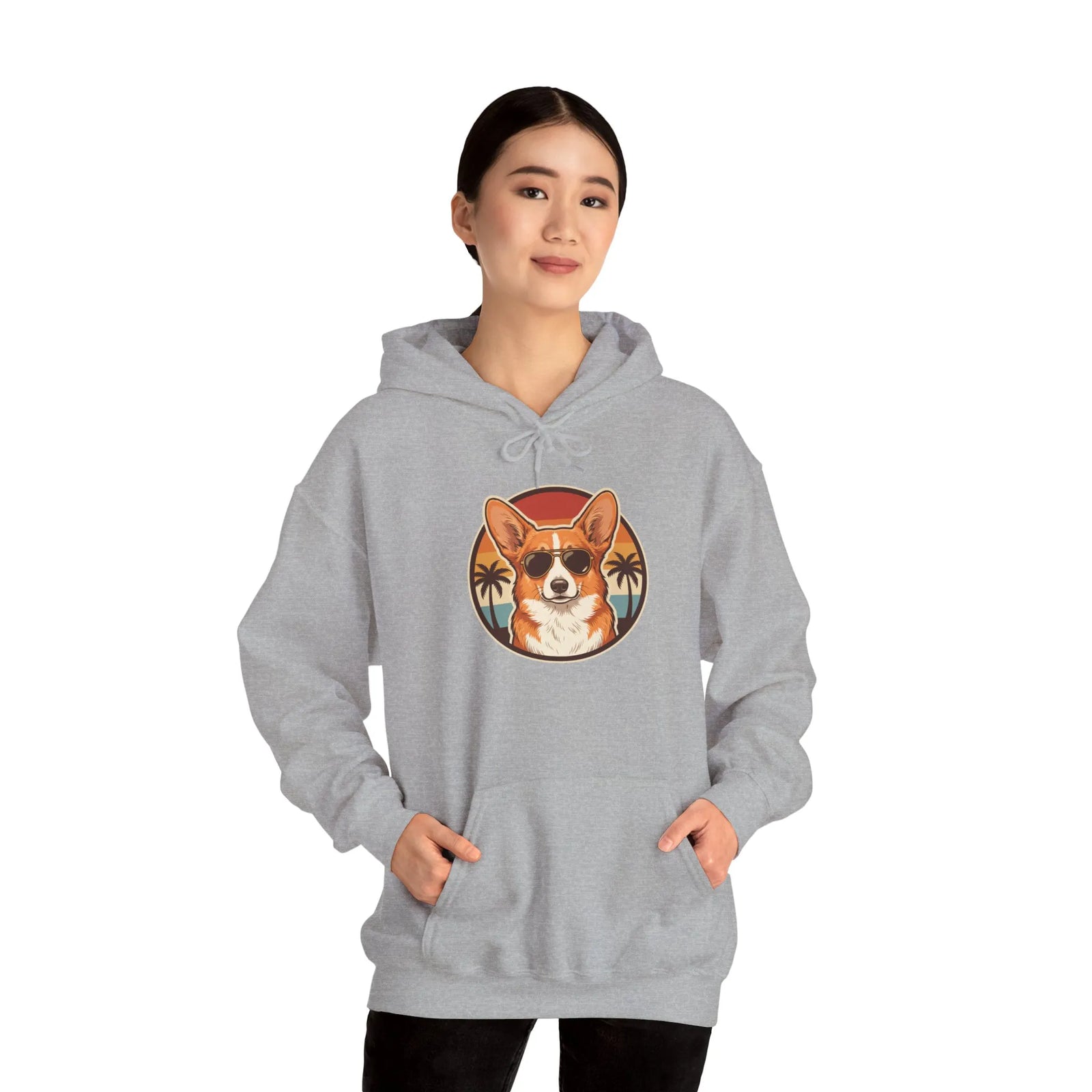 Corgi Aviator Retro Sunset Hoodie - Heavyweight Fleece Pullover - Unisex White