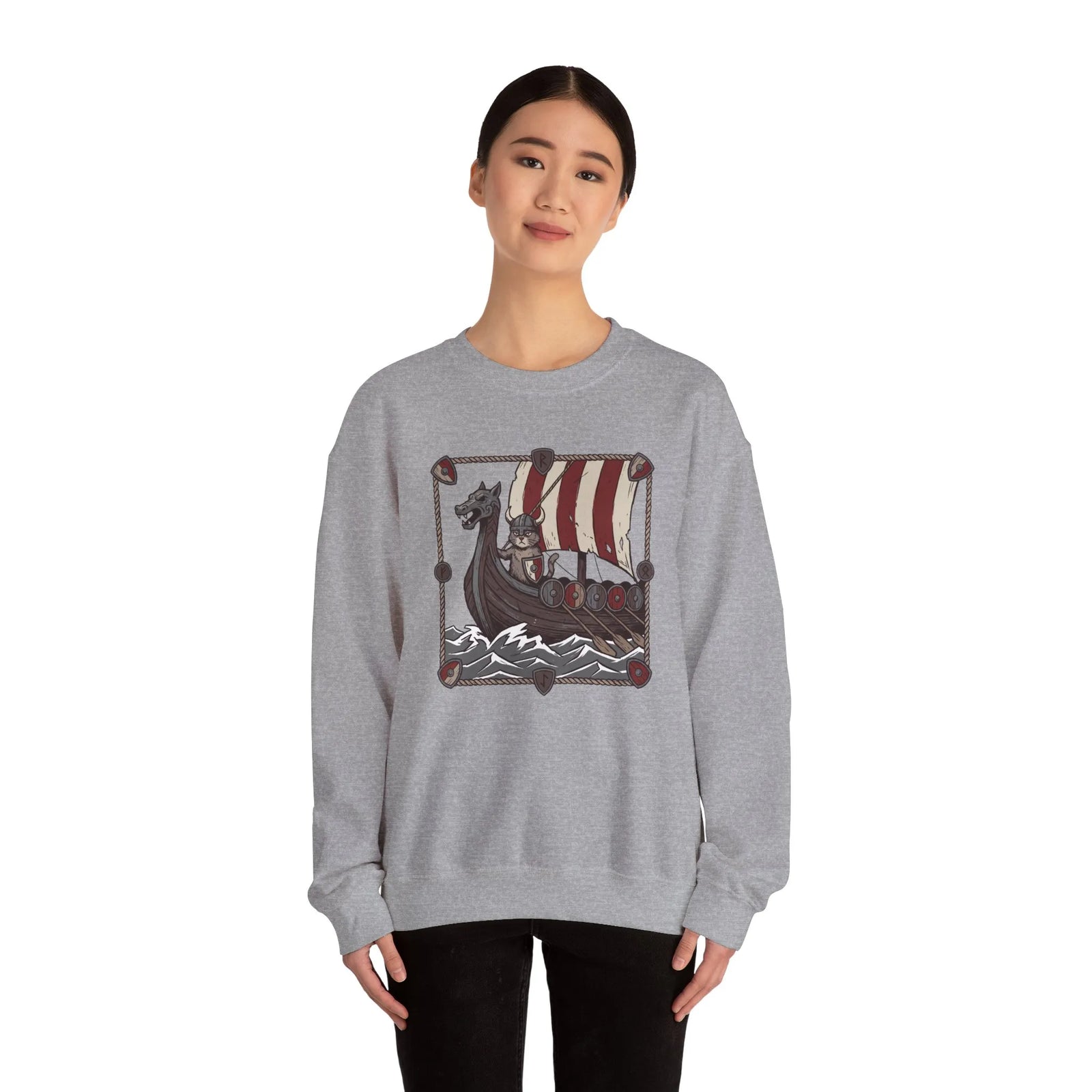 Longship Prow Viking Berserker Cats Sweatshirt - Heavyweight Cotton Blend Crewneck - Unisex White