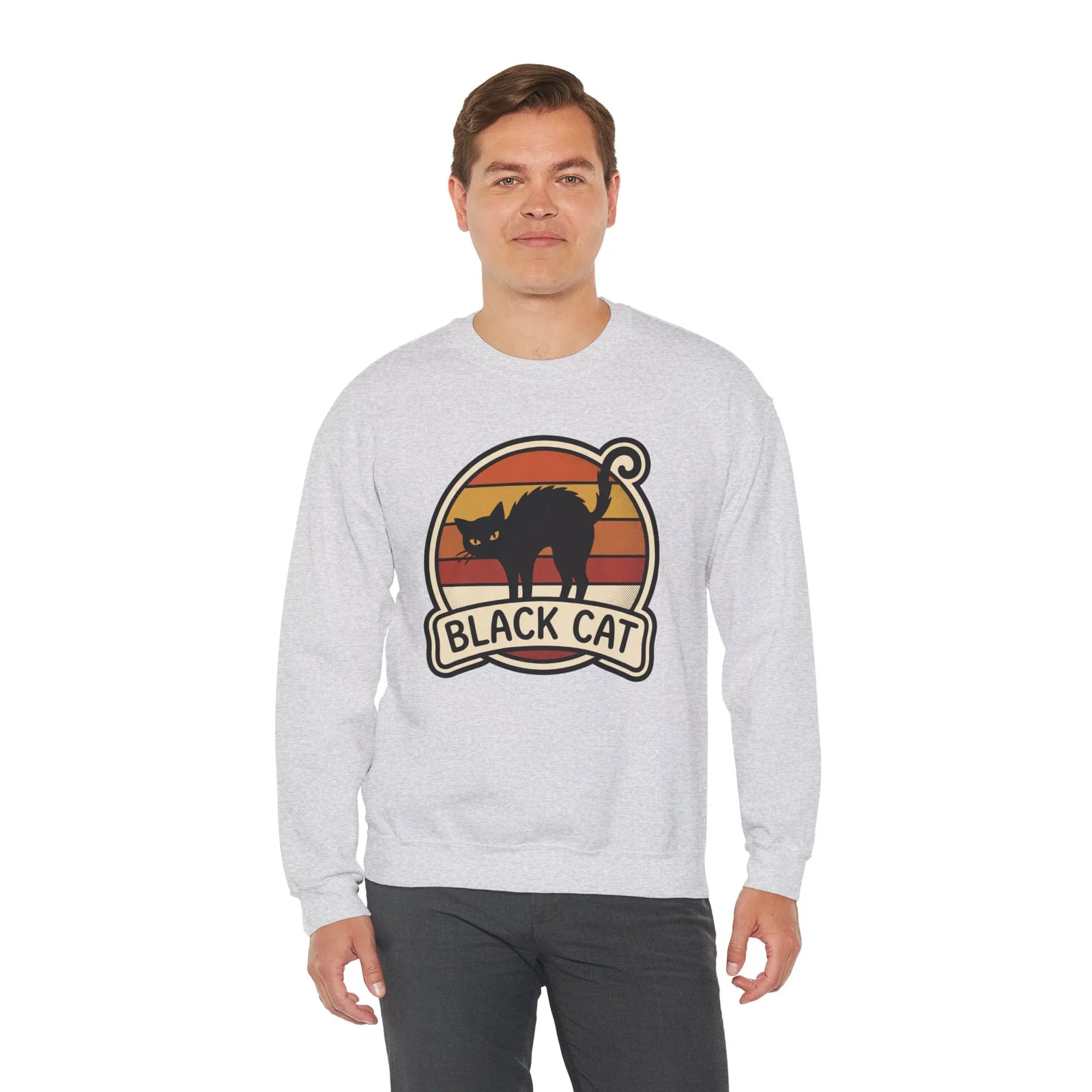 Black Cat Retro Sunset Sweatshirt - Heavy Blend Crewneck Fleece - Unisex White