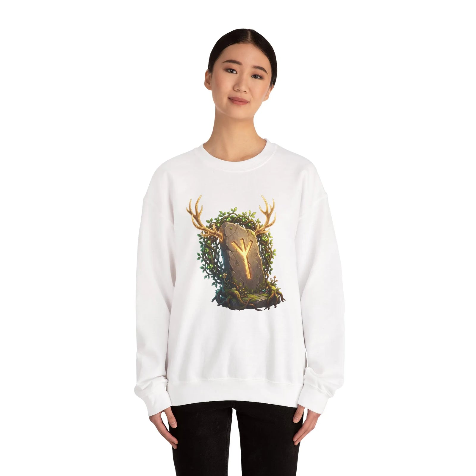Elhaz Rune Antler Graphic Sweatshirt - Heavy Blend Fleece Crewneck - Unisex White