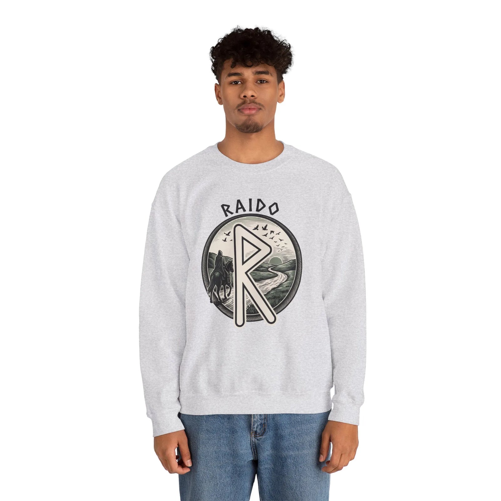 Raido Rune Journey Sweatshirt - Heavy Blend Classic Fit Crewneck - Unisex White