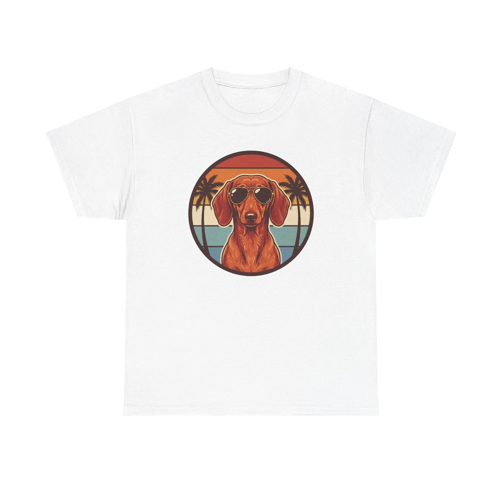 Cool Dachshund 70s Sunset Aviator T-Shirt - Heavy Cotton Classic Fit Tee - Unisex White