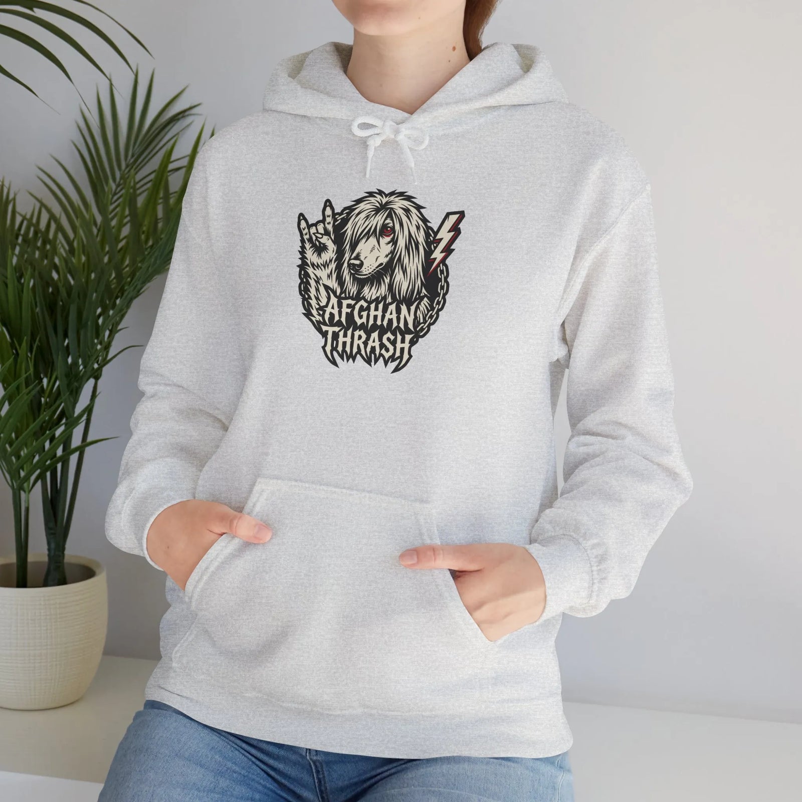 Headbanger Metal Dog Graphic Hoodie - Warm Cotton Blend Pullover - Unisex Ash