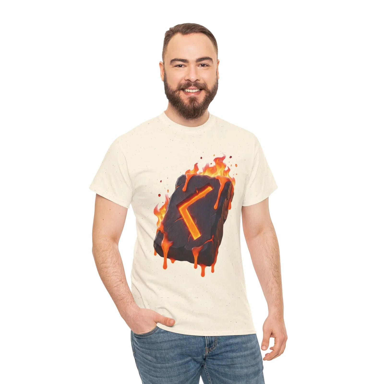 Kenaz Rune Torch Flame T-Shirt - Heavy Cotton Classic Fit Tee - Unisex White
