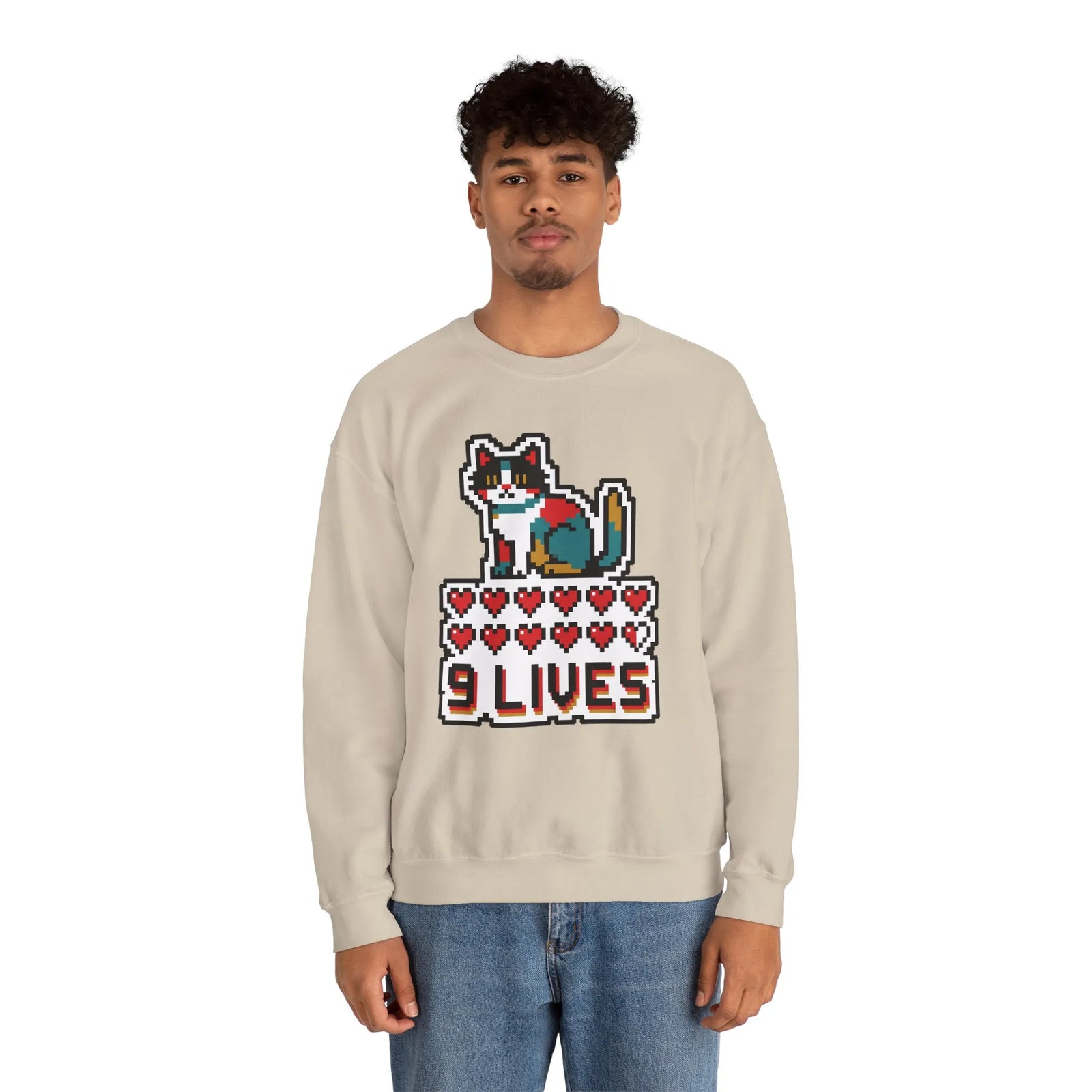 Nine Lives 8-Bit Pixel Gaming Cat Sweatshirt - Heavy Blend Fleece Crewneck - Unisex White