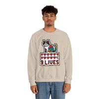 Nine Lives 8-Bit Pixel Gaming Cat Sweatshirt - Heavy Blend Fleece Crewneck - Unisex White
