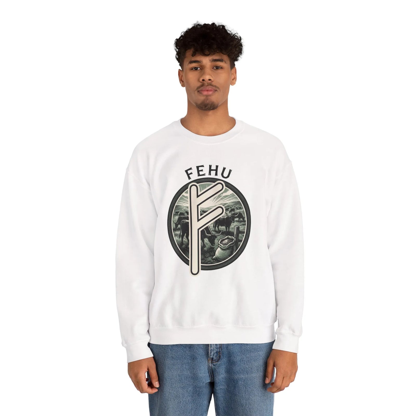 Fehu Rune Wealth Graphic Sweatshirt - Heavyweight 50/50 Fleece Crewneck - Unisex White