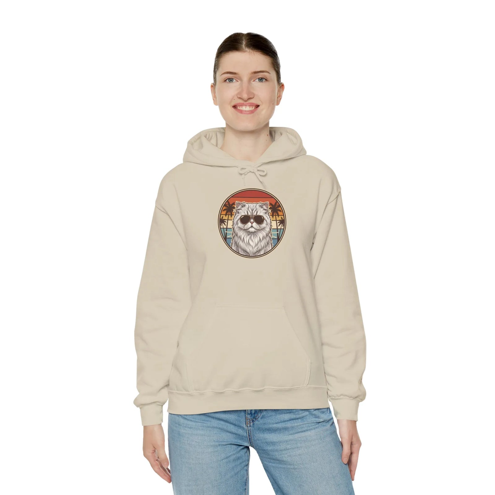Persian Cat 70s Sunset Aviators Hoodie - Soft Cotton-Poly Blend Pullover - Unisex White