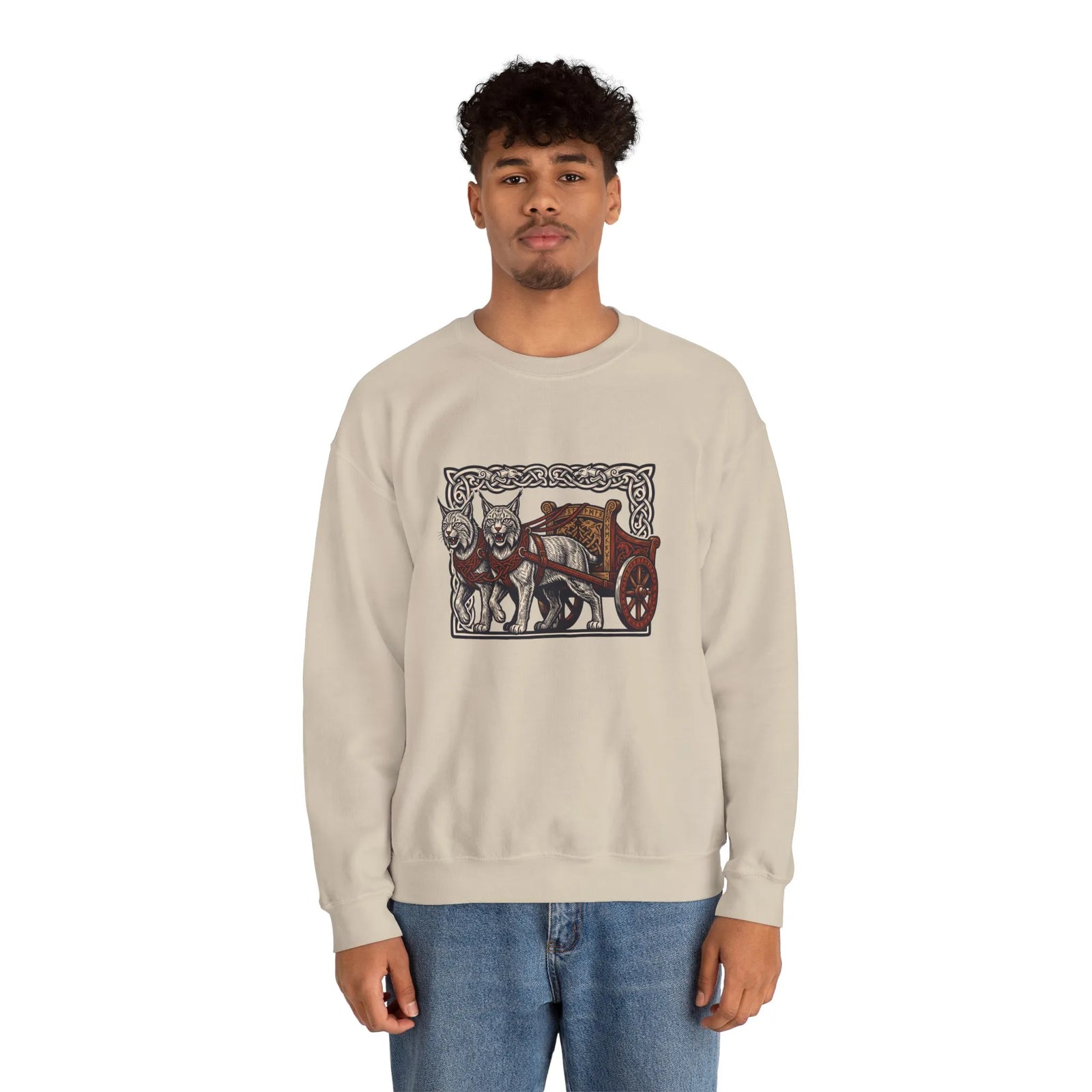 Freyja's Sacred Cats Norse Woodcut Sweatshirt - Heavy Blend Crewneck Fleece - Unisex White