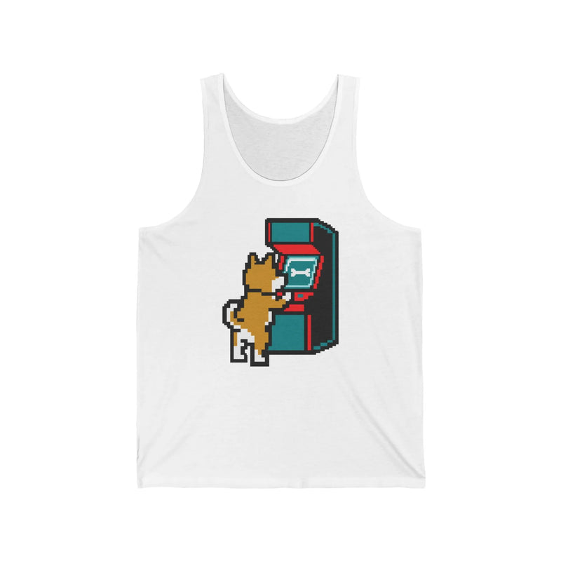 8-Bit Pixel Gaming Dog Arcade Tank Top - Lightweight Jersey Knit - Unisex White