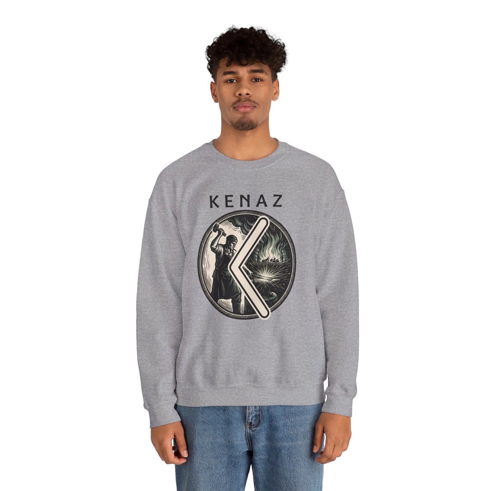 Kenaz Rune Blacksmith Forge Sweatshirt - Soft Cotton Blend Crewneck Fleece - Unisex White